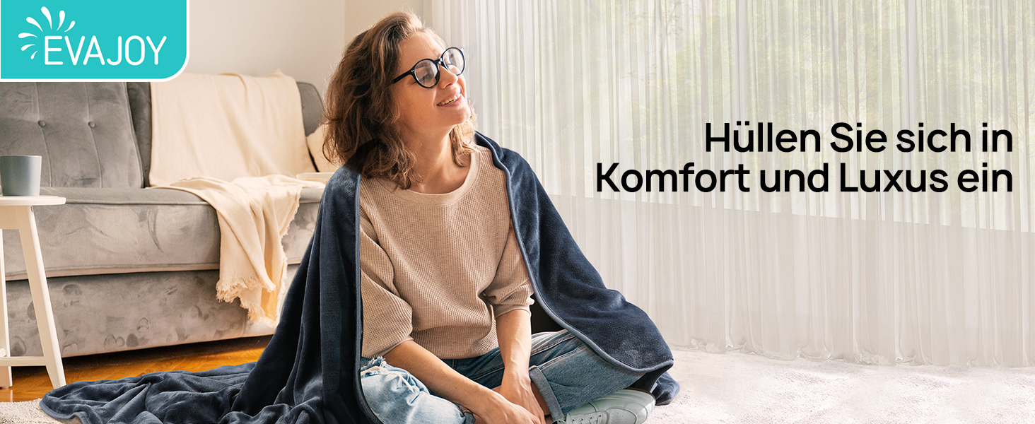 Електрична ковдра Evajoy з автовимкненням, 180x130 см, 7 режимів нагріву, таймер 9 годин, захист від перегріву, фланель, швидкий нагрів, пральна, для дому та офісу
