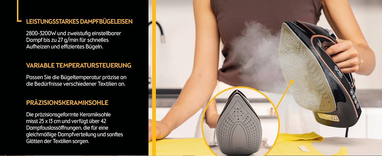 Відпарювач TZS First Austria I 2800-3200W з керамічною підошвою | Самоочищення, вертикальний пар, антинакип, сухе прасування | 0,45л, 1.3кг, білий/мідний