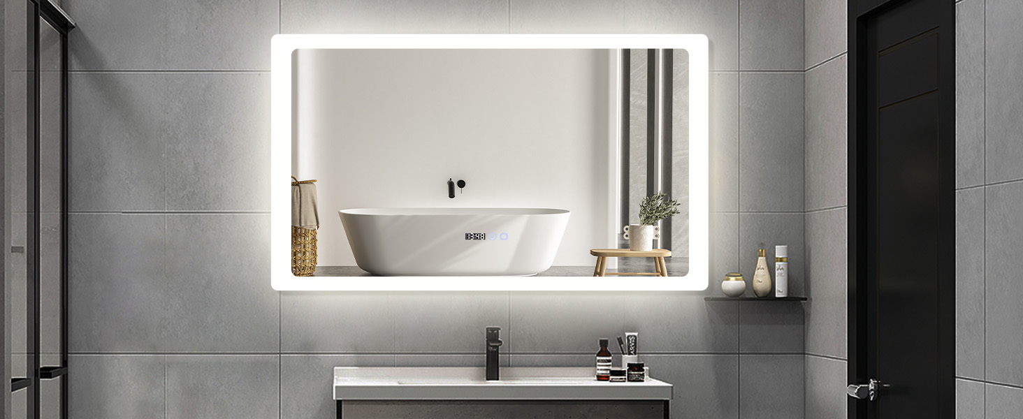 Дзеркало для ванної кімнати YOURLITE з LED-підсвічуванням 100x60 см, сенсорне управління, годинник, антизапотівання, 3 кольори світла, регулювання яскравості, функція пам'яті, білий - 60100