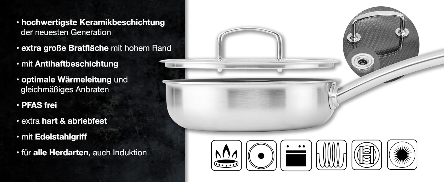 Сковорода з нержавіючої сталі Moritz & Moritz з кришкою 28 см з керамічним покриттям нового покоління - підходить для всіх типів плит - антипригарна сковорода з вафельною структурою для приготування, смаження та тушкування. Діаметр 28 см