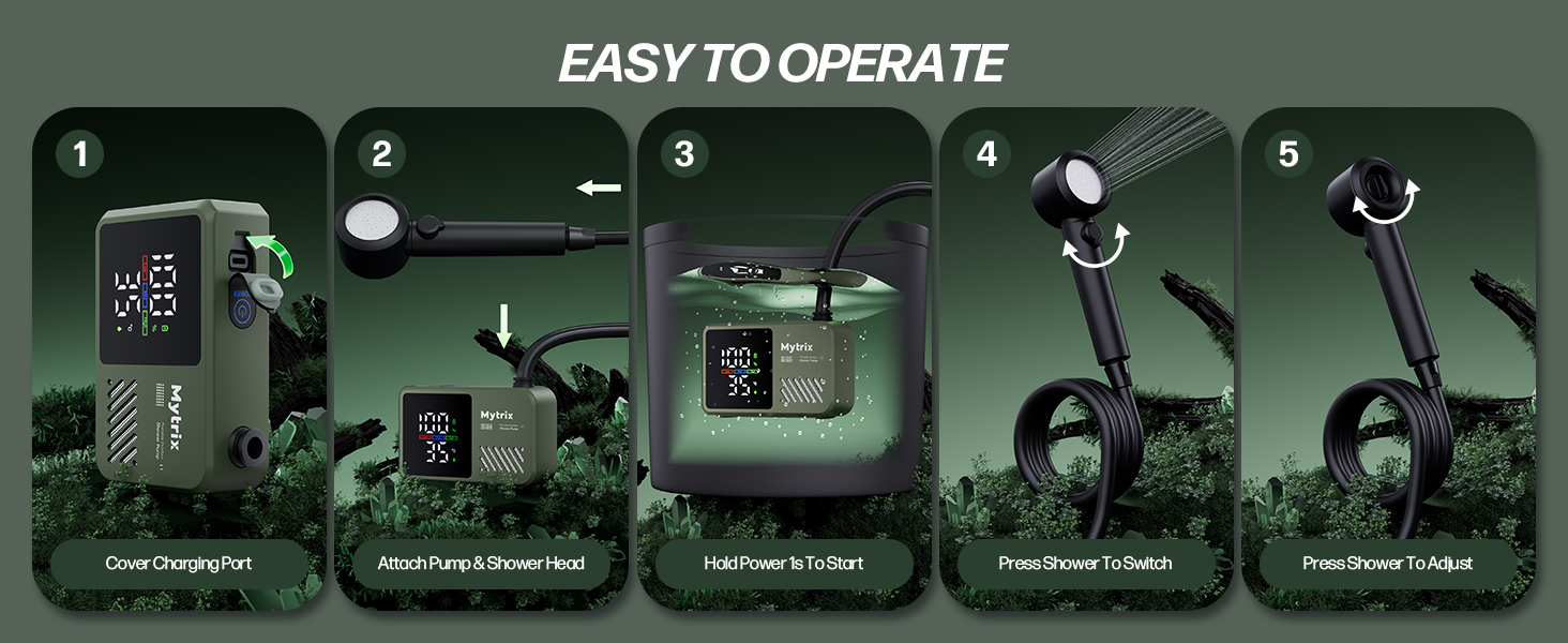 Митрікс Портативна душова система для кемпінгу: 10л/хв, акумулятор 7800mAh, 4 режими, IPX8, для подорожей та автомиття (зелена)