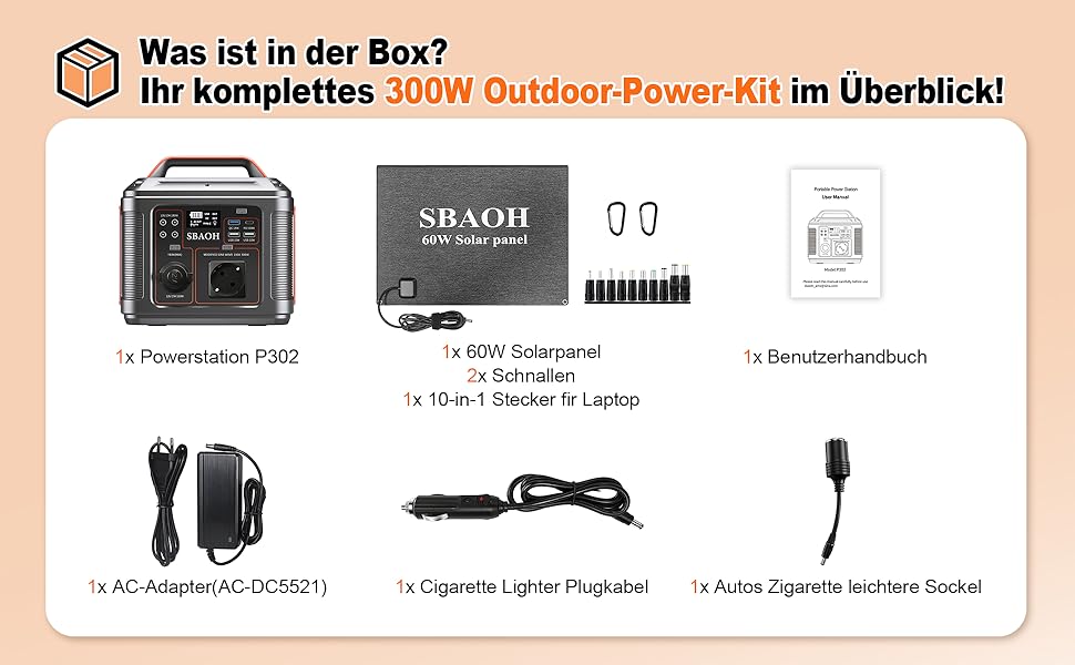 Портативна електростанція SBAOH 296Wh з LED-ліхтариком, 300W, 230V, USB, DC, для кемпінгу та подорожей (з сонячною панеллю 60W)