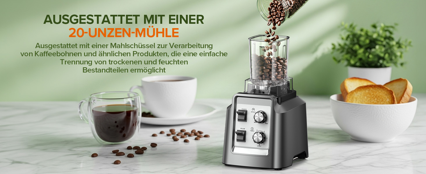 Блендер Teendow Standmixer 1800W зі скляною колбою 2л + кавомолка 600мл, срібний. Для смузі, льоду та заморожених фруктів, без BPA