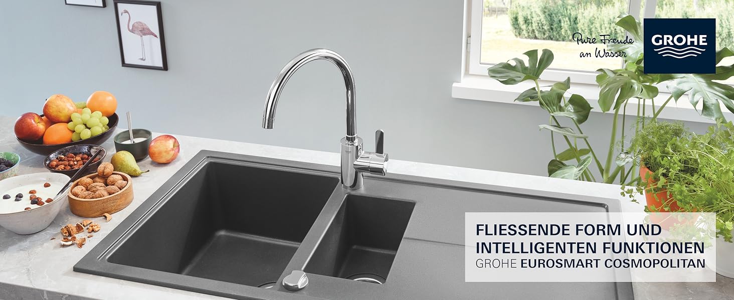Змішувач кухонний GROHE Eurosmart Cosmopolitan з висувним душем (хром, високий вилив, поворотний 360°, економія води)