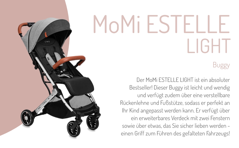 Дитяча коляска MoMi ESTELLE, 6 місяців+, до 15 кг, складна, з 5-точковим ременем безпеки, кошиком для покупок та функцією лежання, телескопічна ручка, сіра та срібна