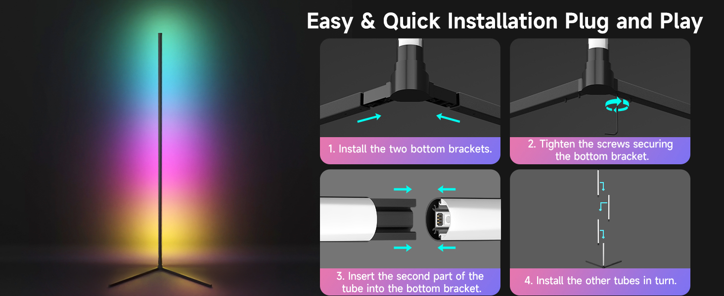 LED торшер у вітальню RGB кутовий, димується з пультом та додатком, синхронізація з музикою, DIY-режим, таймер - чорний