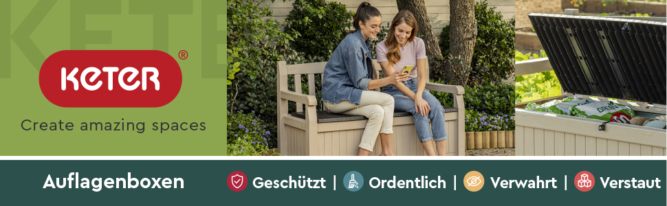 Стілець-лавка Keter Eden для балкона та саду, садовий стілець з вбудованою коробкою для зберігання з об'ємом 265 л, 140x60x84 см, вологостійкий, легкий у догляді, бежевий, для вулиці, з імітацією дерева