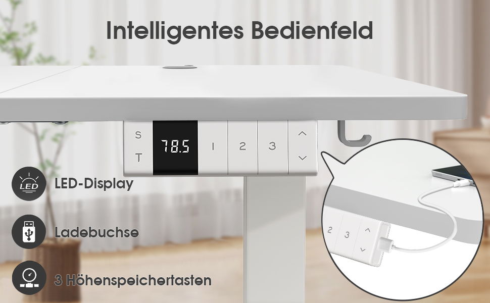 Регульований стіл 140x80 см з USB-C зарядкою, органайзером для кабелів та функцією пам'яті, білий