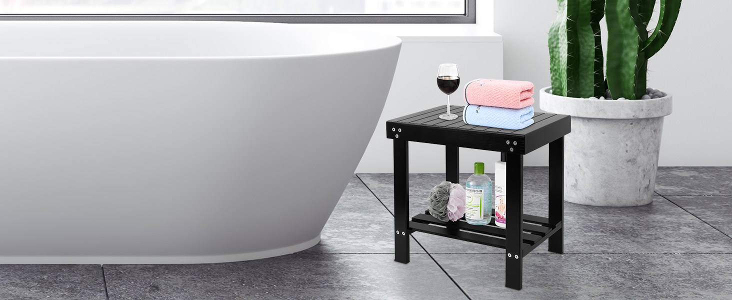 Банкетка для ванної кімнати VaeFae з бамбука, табурет для гоління з підставкою для ніг та полицею для аксесуарів, чорний колір