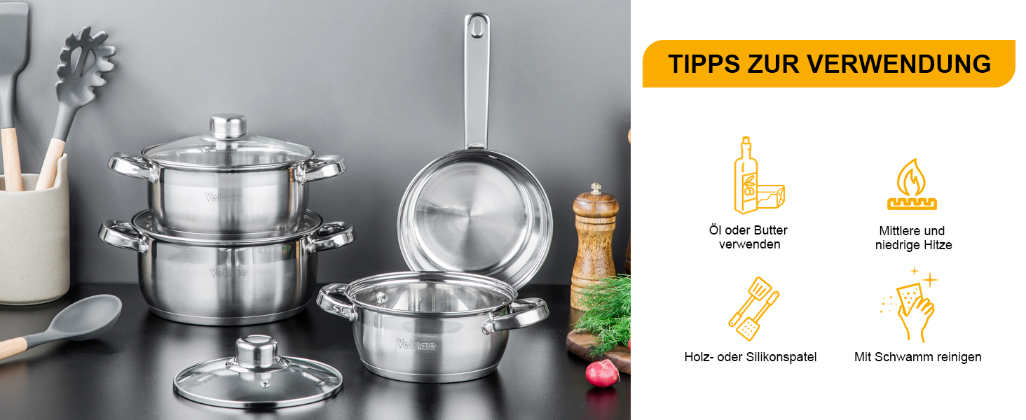 Набір каструль Velaze 7-ка з нержавіючої сталі, з кришками, індукційні, PFOA free, для всіх плит, сріблясті