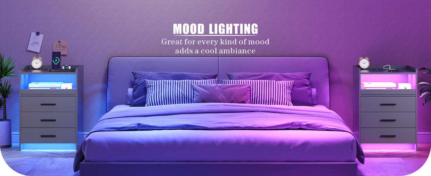 Нічний столик FREDEES з LED-підсвічуванням, ящиком та зарядкою, сірий (2 шт.)