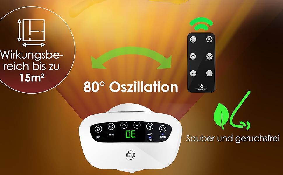 Обігрівач KESSER® 2000W з пультом керування, тихий, енергозберігаючий, керамічний, з осциляцією 80°, таймером 24 год, білий