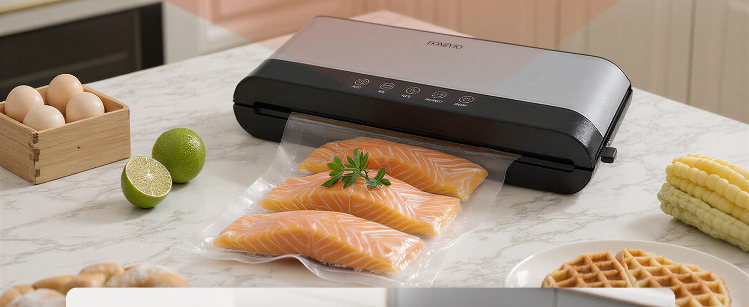 Вакууматор для продуктів з нержавіючої сталі SJ2085: потужність 85 кПа, режими «Сухий/Вологий», подвійна герметизація, LED-панель та зовнішній відсмоктувач, 20 пакетів у комплекті