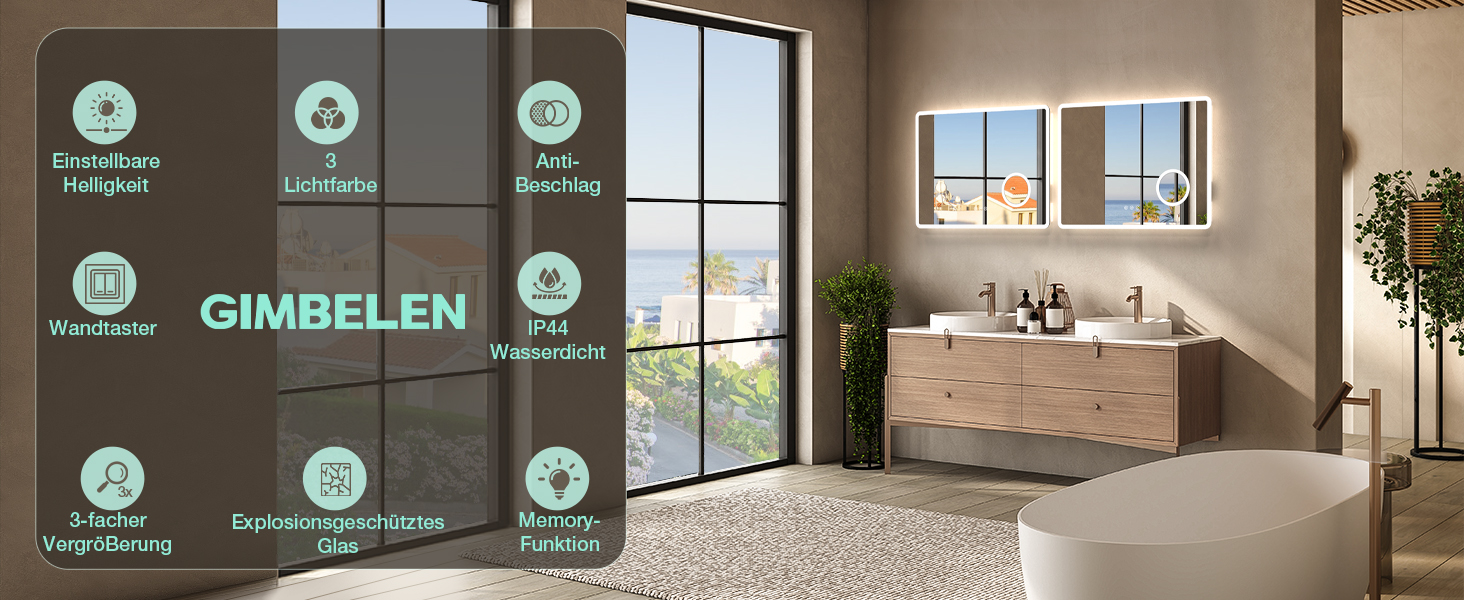 Дзеркало для ванної кімнати GIMBELEN LED з підсвічуванням 80x60 см, прямокутне, сенсорне керування, регульована яскравість, 3 кольори світла, антизапар, для вертикального/горизонтального монтажу