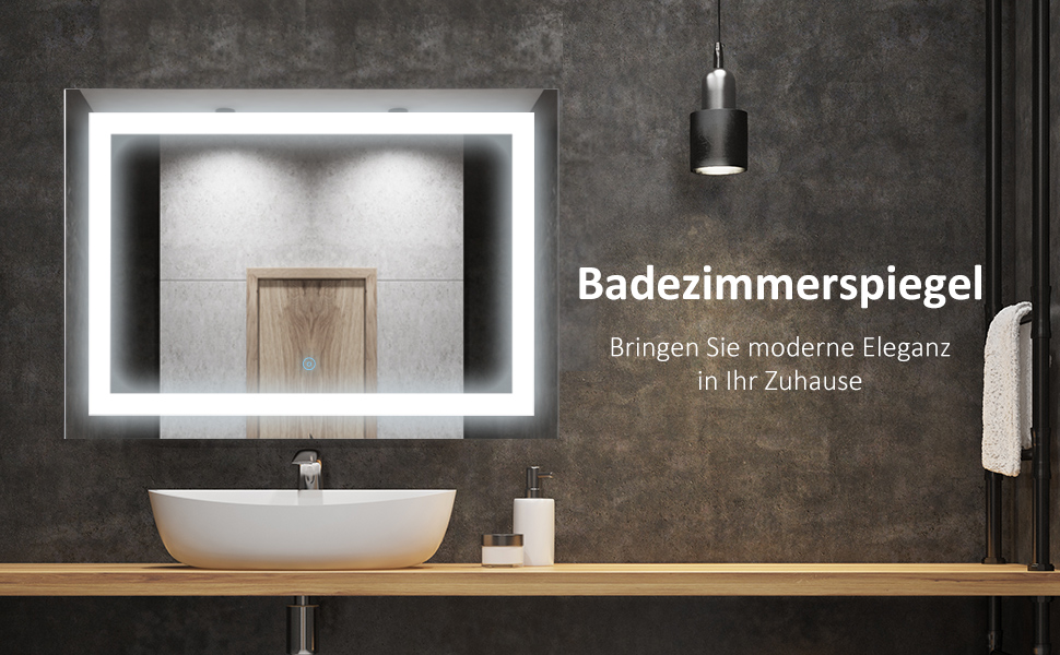 Дзеркало для ванної кімнати HOMCOM з підсвічуванням 70 x 50 см, LED, сенсорне управління, функція пам'яті, 3 кольори світла, антизапарник, срібне