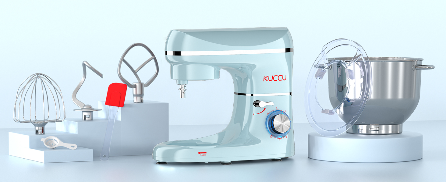 Кухонний комбайн-міксер KUCCU 1500W з чашею з нержавіючої сталі 7л, планетарний міксер для тіста з 6 швидкостями та набором насадок (блакитний)