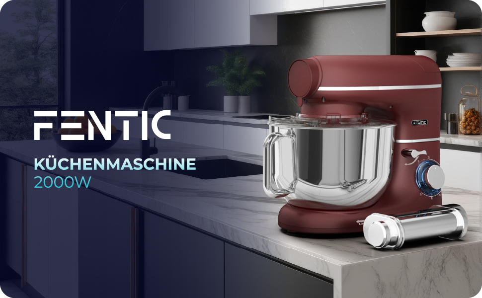 Кухонна машина з тістомісом та машиною для пасти – 2000W, з нержавіючою чашею 6.2L (червона)