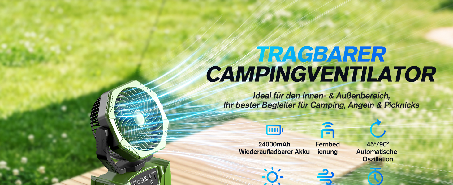 Вентилятор портативний Kejector з акумулятором 24000mAh, USB, з підсвіткою та пультом ДУ для кемпінгу, дому, тераси