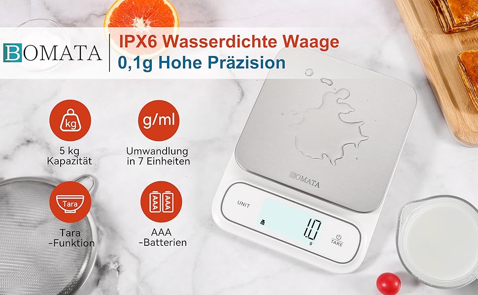 Кухонні ваги BOMATA: цифрові, вологостійкі, 5 кг, точність 0.1 г, USB-C, нержавіюча сталь