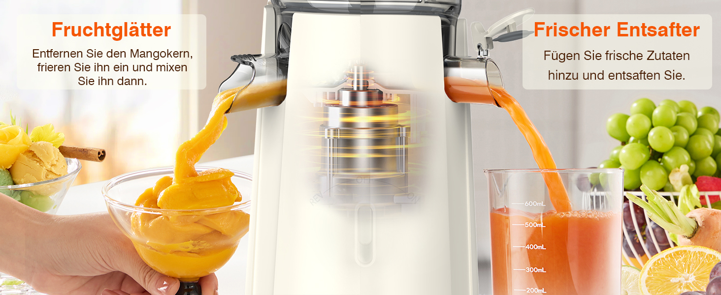 Соковитискач шнековий REV з великим завантажувальним отвором 120 мм, для овочів та фруктів, 1,5 л, режим REV, легко мити