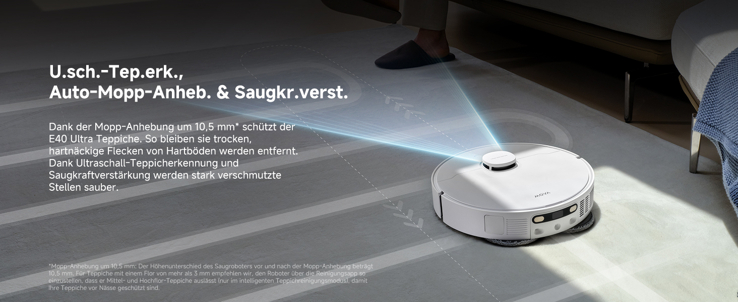 Робот-пилосос Mova E40 Ultra з функцією миття, автоматичним очищенням, потужністю 19000 Па, MaxiReach-мопом, бічними щітками, вбудованим резервуаром 80 мл та базою для 75 днів прибирання