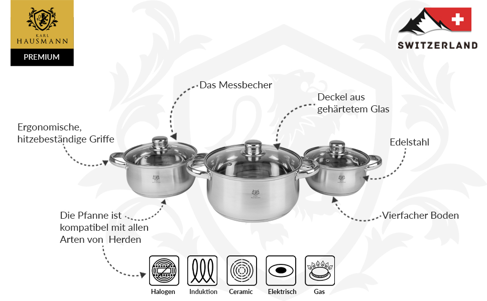 Набір каструль Karl Hausmann з нержавіючої сталі (індукційні) 3 шт. - для всіх типів плит - з кришкою з термостійкого скла - з мірною шкалою