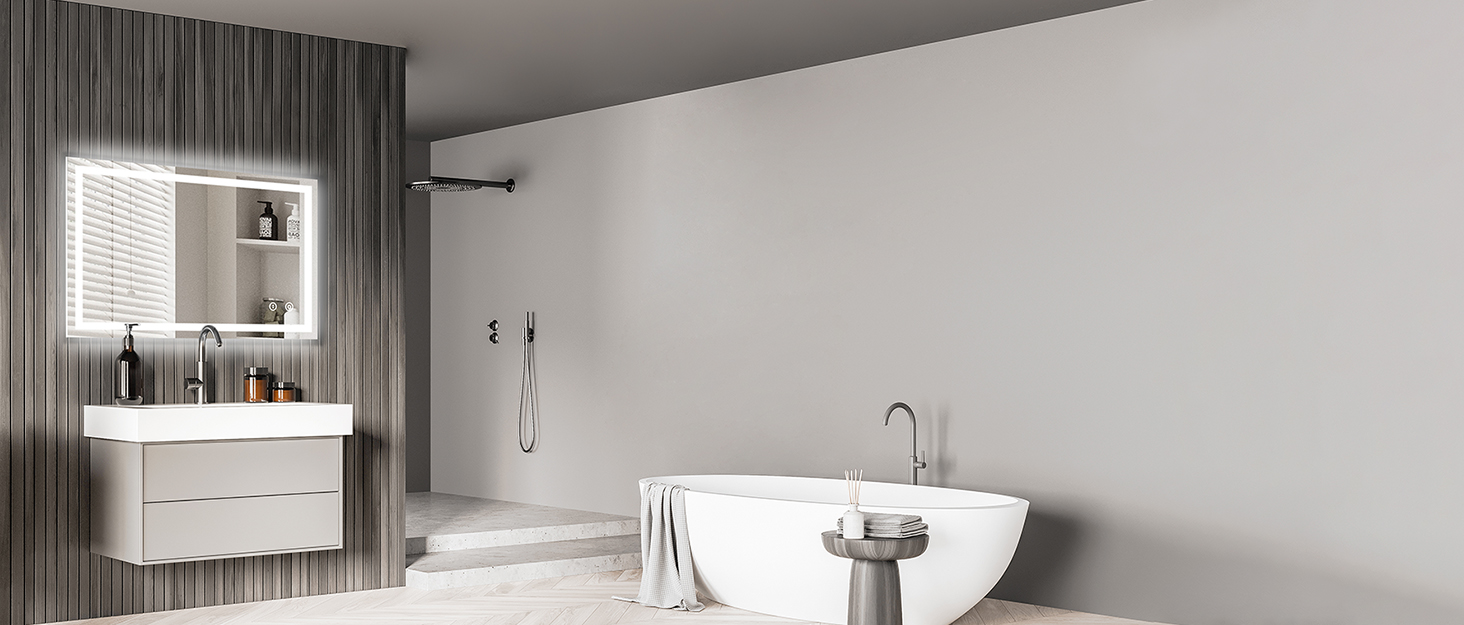 Дзеркало для ванної кімнати Dripex LED з підсвічуванням, сенсорне керування, регулювання яскравості, 3 кольори світла, без запотівання, асиметричне, 85x52 см