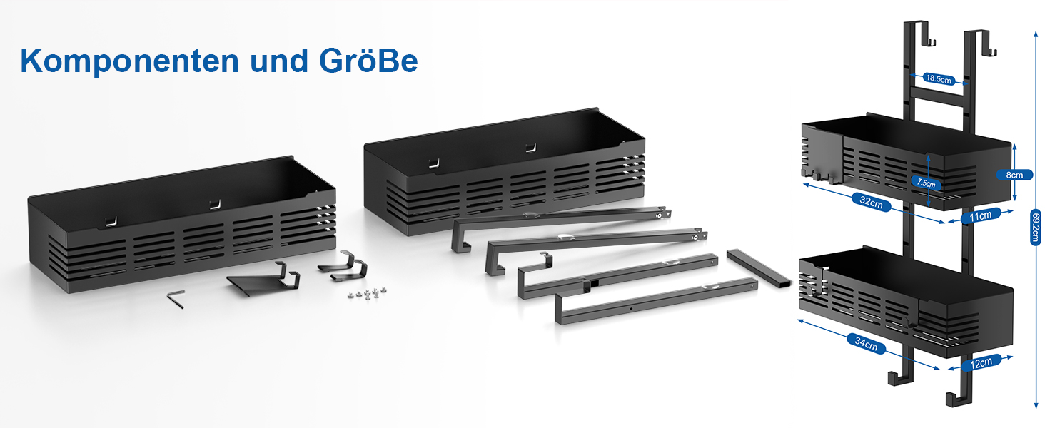 Настінна поличка для душу без свердління, чорна, для скляних душових кабін, регульована висота, 3 гачки для шампуню та гелю для душу