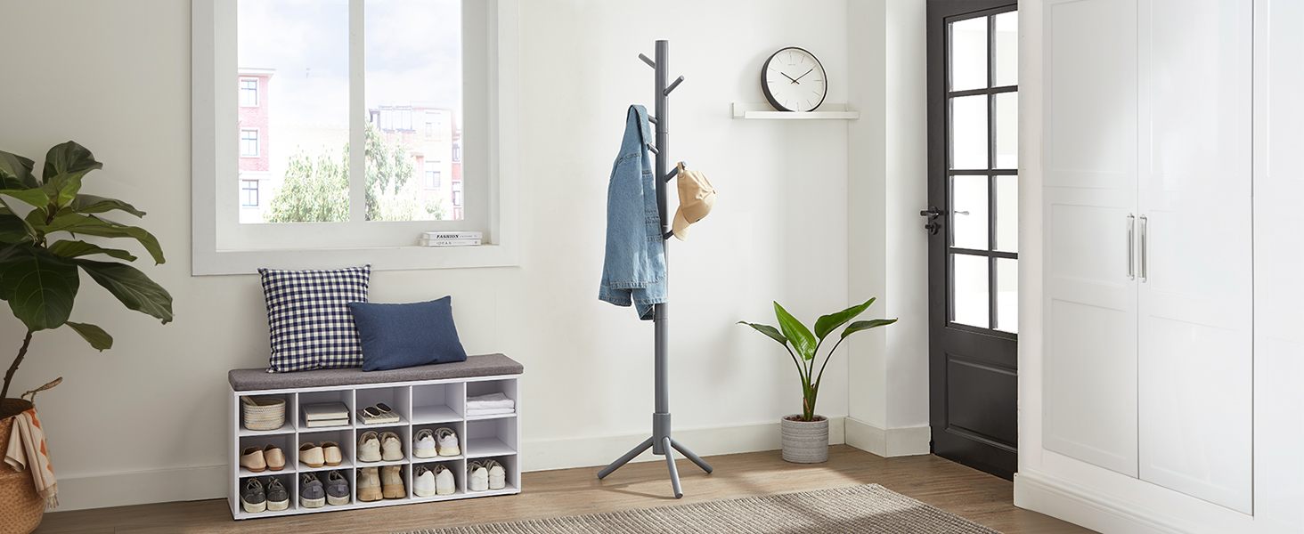 Дзеркало-вішалка для одягу VASAGLE з масиву дерева, сірого кольору, 8 гачків, 3 регульовані висоти, для вітальні, спальні, офісу