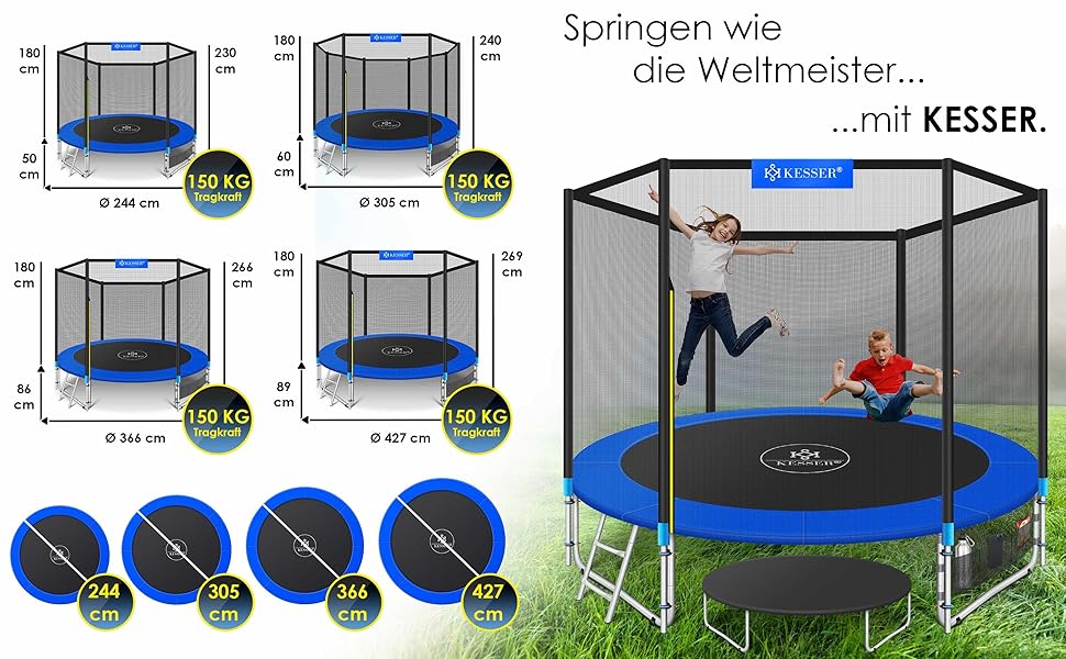 Батут KESSER для дітей та дорослих Ø305 см з сіткою, драбиною, захисним покриттям та сумкою - до 150 кг, блакитний