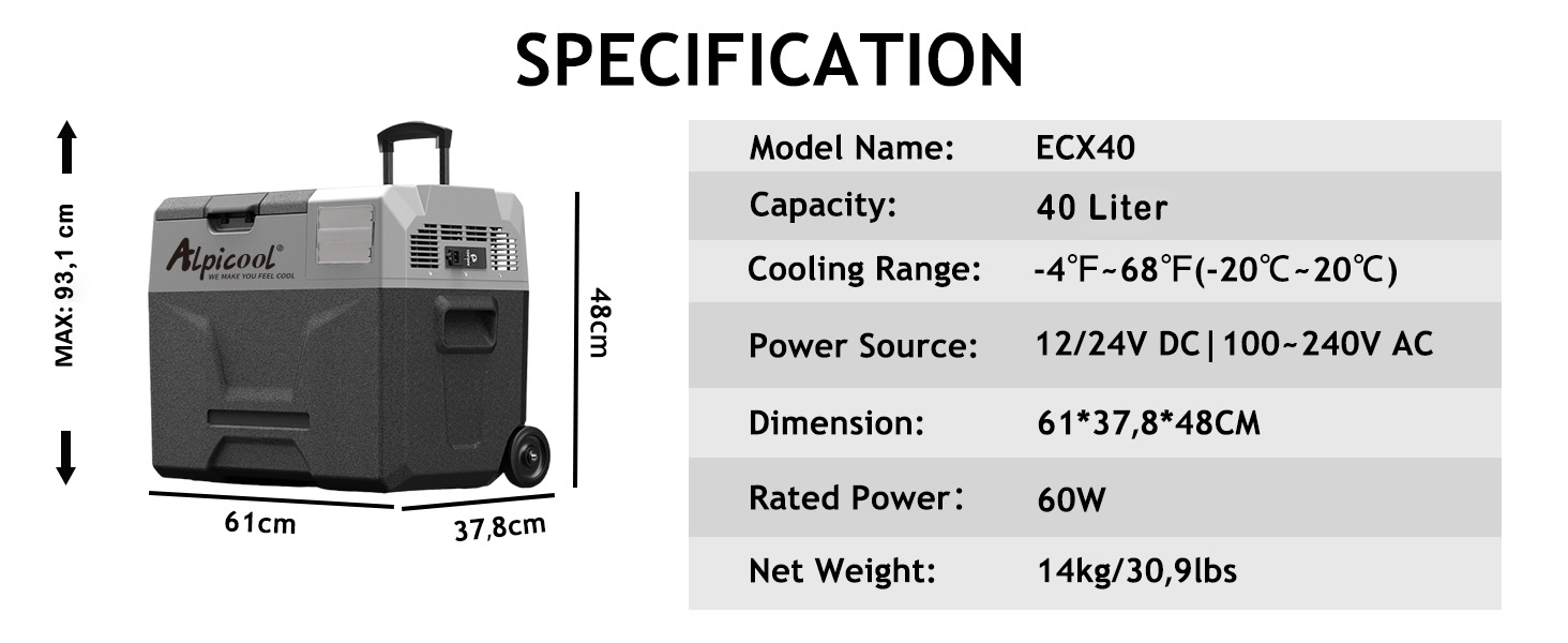 Автомобільний холодильник Alpicool CX50 50л компресорний, портативний, з USB, колесами та телескопічною ручкою для авто, кемпінгу, вантажівок, човнів