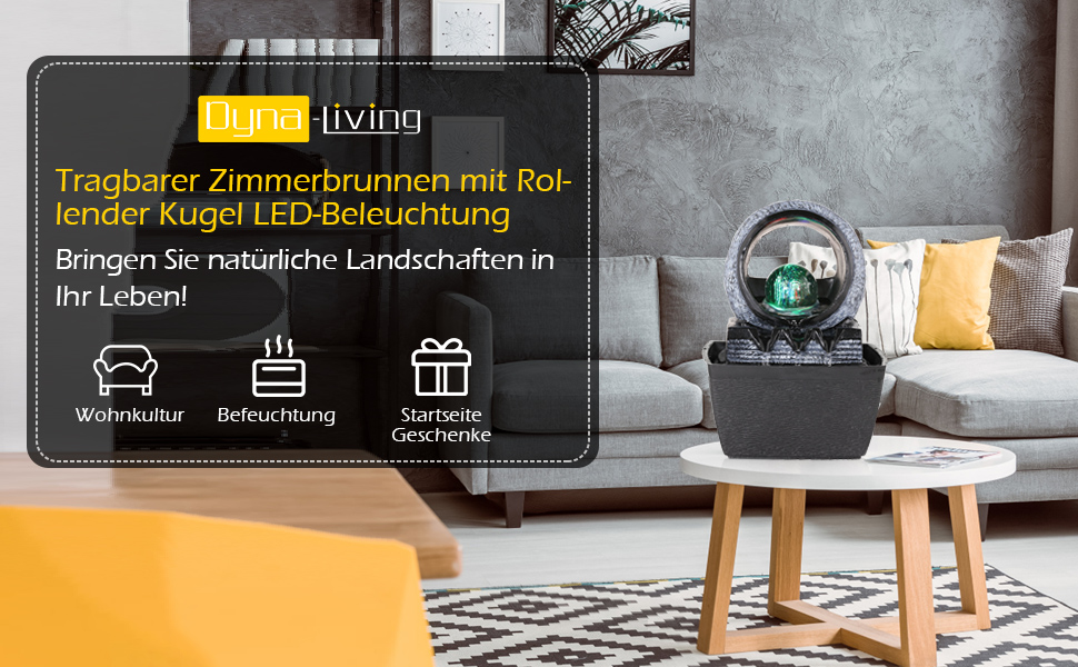 Настільний фонтан Dyna-Living з рухомою кулею та LED-підсвіткою, декоративний водоспад з полірезину, багатоколірний, 26 x 23 x 17.5 см (Стиль 2)