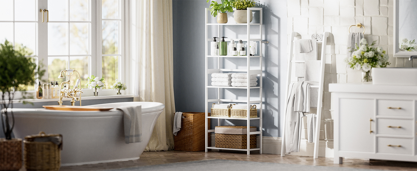 5-ярусна полиця для книг, індустріальна полиця з бамбуковим каркасом, сучасна полиця-вітрина, органайзер для зберігання з дерева для вітальні, домашнього офісу, рустичний колір (білий)