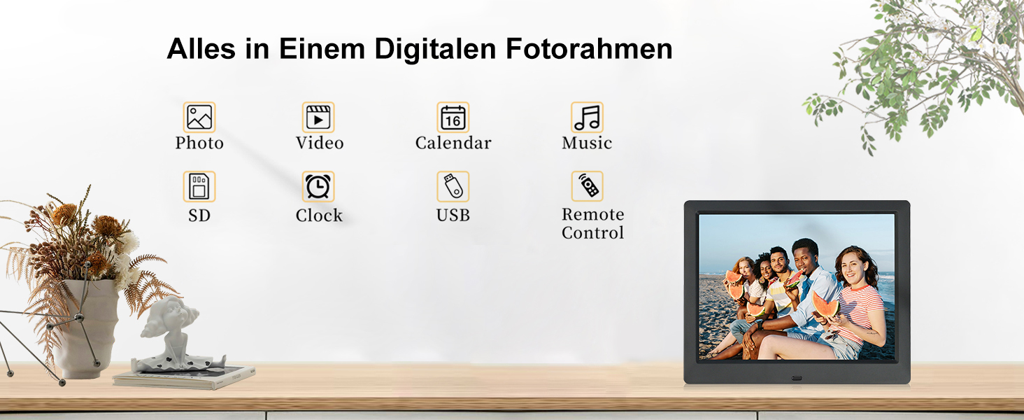 Цифровий фоторамка TSITSC 8.7 дюйма, IPS-екран 1024*768, календар, годинник, музика, фото/відео, USB/SD, з пультом, чорний