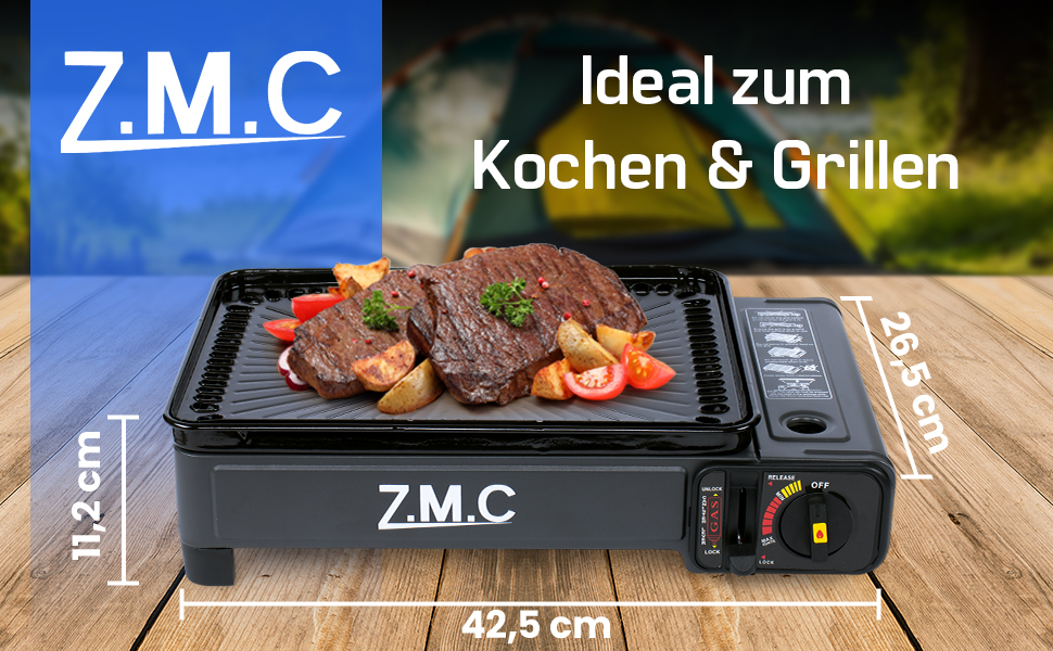 Z.M.C. 2-в-1 газовий набір для кемпінгу: плита та гриль з аксесуарами та кейсом. Газовий гриль та плита з пьезозапалюванням, 2.2kW, LPG-підключення
