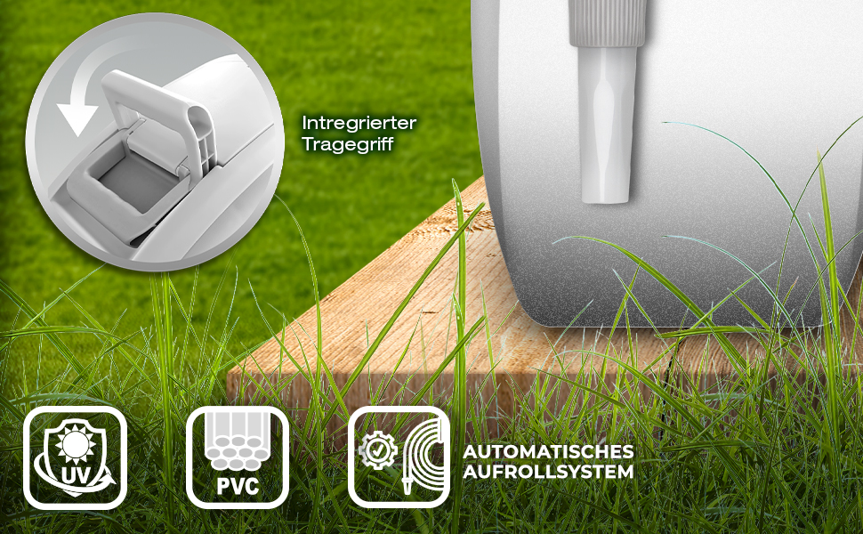 Трьохкамерний шланг TRESKO® з роликом для шланга, 30+2 м, з ручною лійкою, поворотний на 180°, для саду, автоматичний, з кріпленням для стіни та монтажним матеріалом