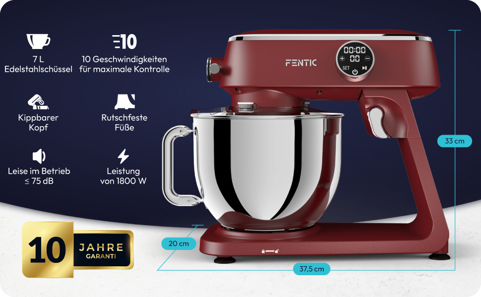 Планетарний міксер Küchenmaschine 1800W з чашею з нержавіючої сталі 7л, тістоміс для хліба та піци, 10 швидкостей з таймером, набір насадок та захисним екраном (Червоний)
