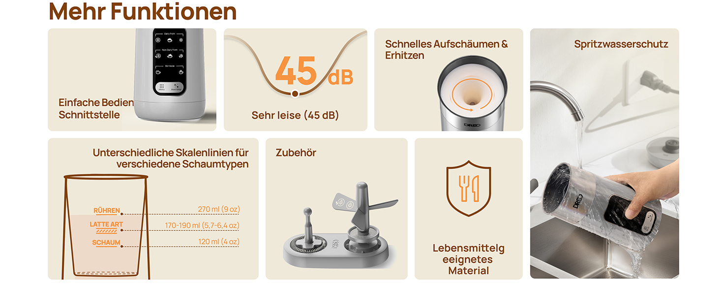 Електричний спінювач молока Dreo 8-в-1 для лате-арт, 270 мл, з підігрівом, LED, сріблястий
