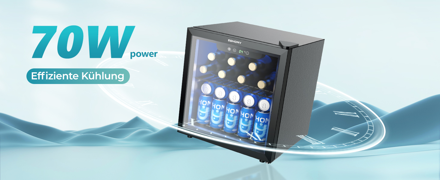 Міні-холодильник EUHOMY для напоїв на 55 банок з скляною дверцятами, чорного кольору, 36 л, для офісу, кімнати, бару, з LED-підсвіткою, 43 дБ