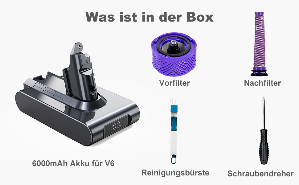 Змінна батарея EVARY 6000mAh V6 для Dyson V6 з РК-дисплеєм, в т.ч. 2 фільтри 1 щітка, сумісна з DC62-DC74