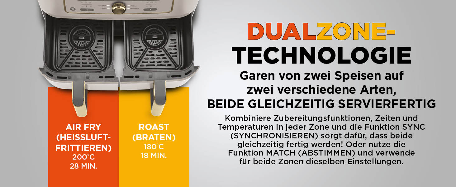 Фритюрниця Ninja Dual Zone Digital Air Fryer 9.5L, 6-в-1, 2 відсіки, Stone/Gold DZ400EUSTGD