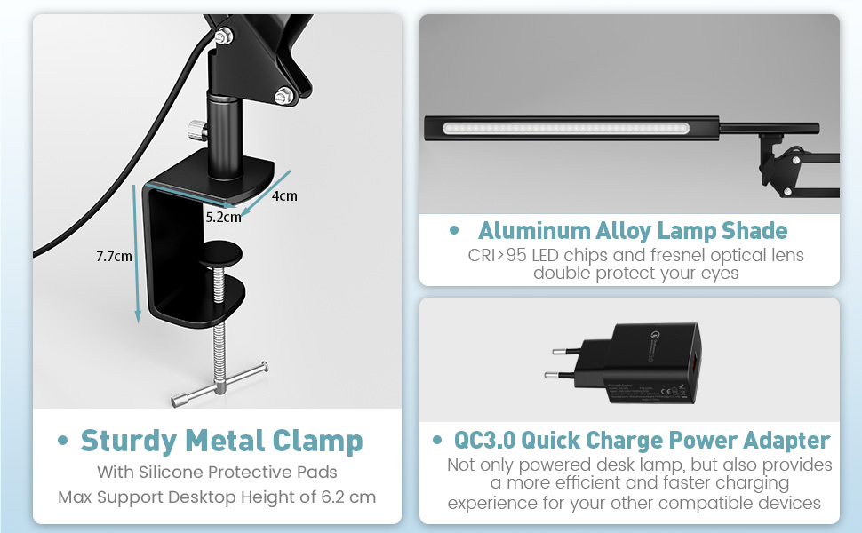 Настільна лампа затискна, лампа архітектора з QC3.0, 5 колірних режимів, функція пам'яті, чорний