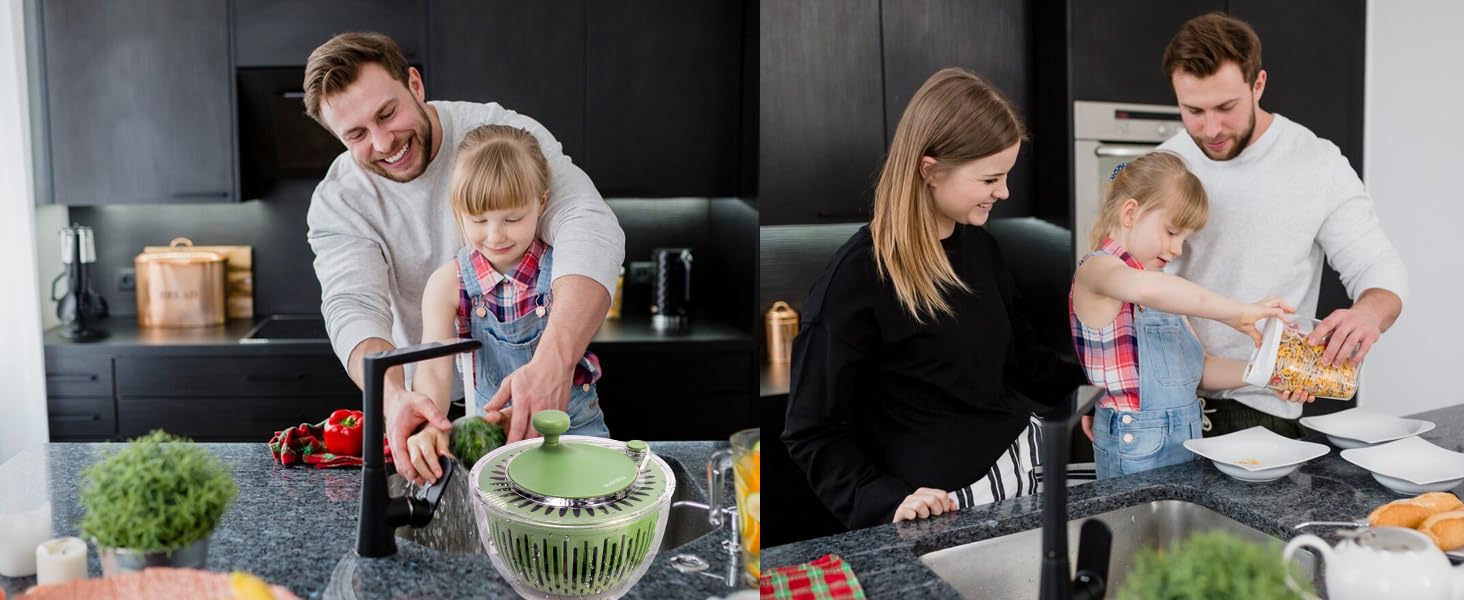 SUSTEAS Салатниця-швидкокрутка 4.5л з кришкою, чаша для салату з 5-лопатевим ножем, механізм Kubelantrieb та сепаратор для яєць – для миття, сушіння та нарізання салату, овочів, фруктів