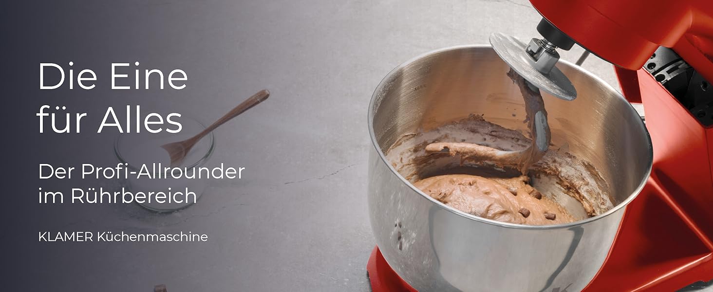 Кухонна машина KRAMER 1800W з чашею з нержавіючої сталі 6 л, 10 швидкостей з таймером, планетарний міксер, гак для тіста, вінчик, міксер, кришка (червона), преміум-якість