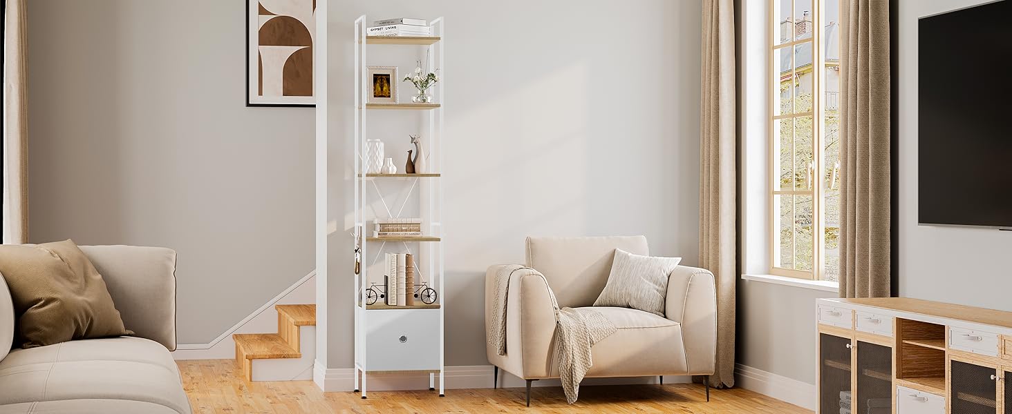 Стелаж WOLTU з 5 полицями та 2 висувними ящиками, 63x187x30 см, світлий дуб + білий