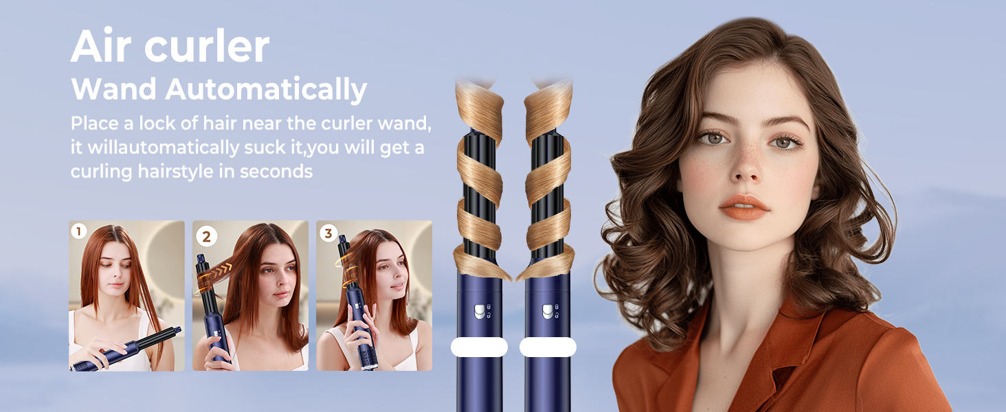 UKLISS 6-в-1 Hairstyler: Фен-щітка для волосся з насадкоми, автоматична плойка, професійний фен-розкручувач для об'єму та укладки (Синій)