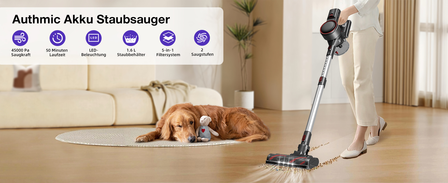 Акумуляторний пилосос бездротовий 45000 Па з сенсорним екраном, 50 хв роботи, контейнер 1.6 л, фільтр H13 HEPA, анти-заплутуюча щітка для підлоги/килимів/шерсті тварин (Червоний)