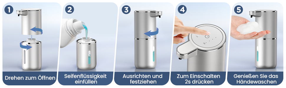 Автоматичний дозатор мила, 380 мл, електричний, з датчиком, USB, водонепроникний IPX5, для кухні, ванної кімнати, школи, готелю (сріблястий, піна)