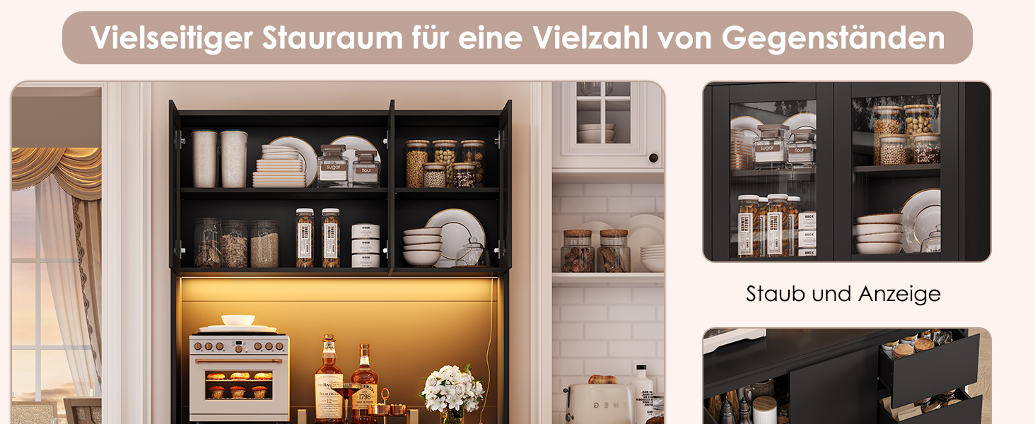 Чорний кухонний буфет з LED-підсвіткою, стільницею та 3 висувними ящиками, 180x100x38.5 см