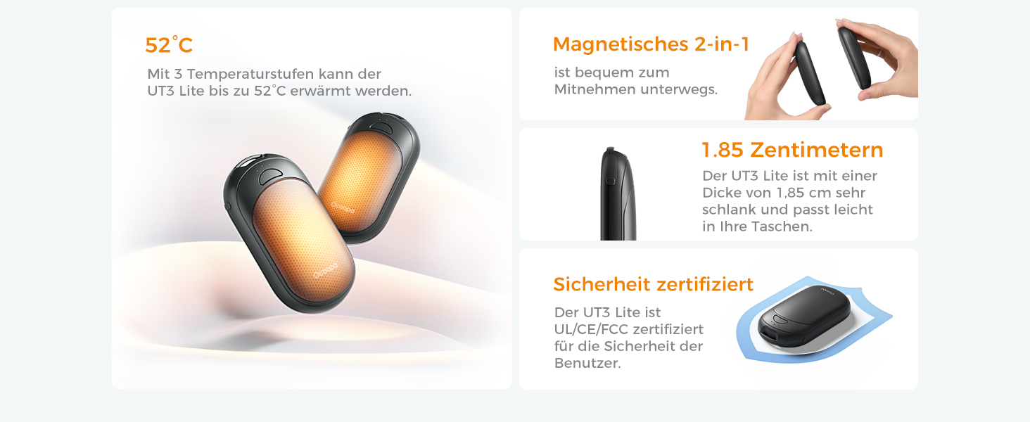 Електричні грілки для рук OCOOPA 2 шт. з магнітом, 5000mAh, 3 режими нагріву, компактні, для рукавичок, зими